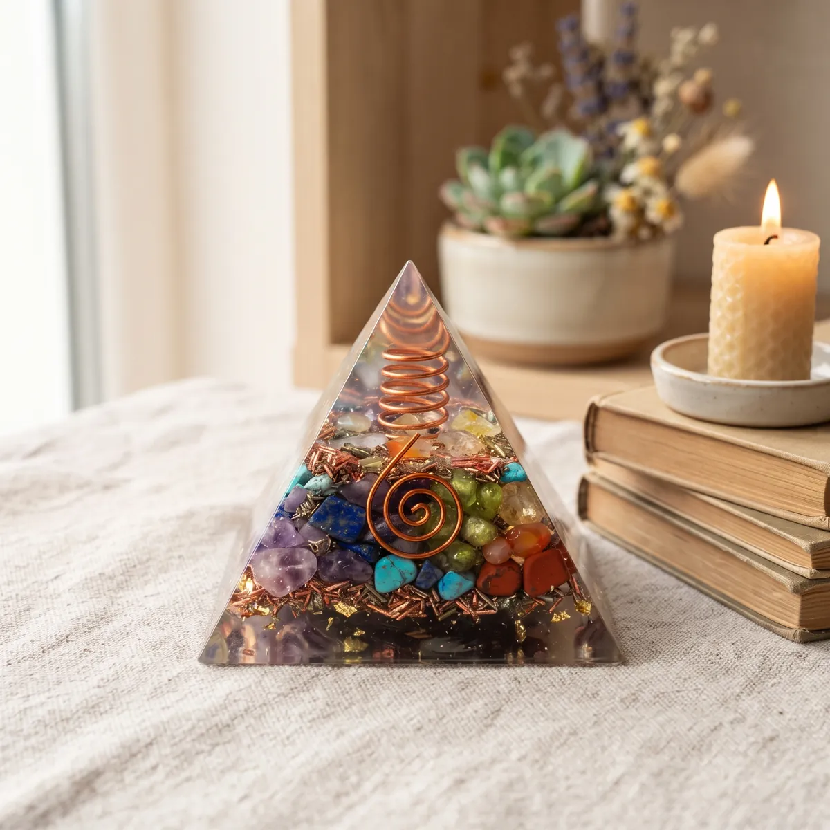 Orgonitová pyramída pri sviečke na nočnom stolíku