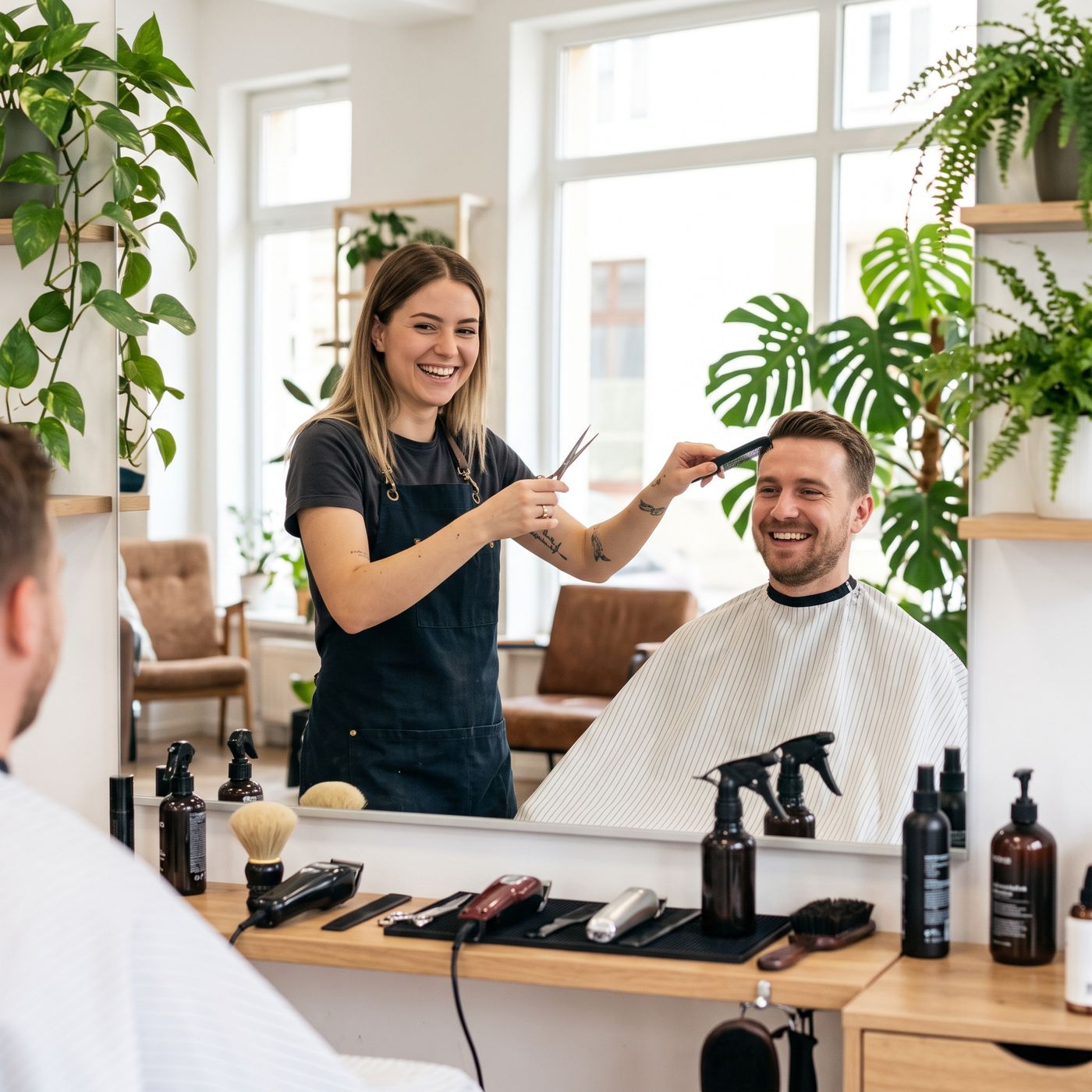 Barberka strihá klienta, obaja sa smejú do zrkadla