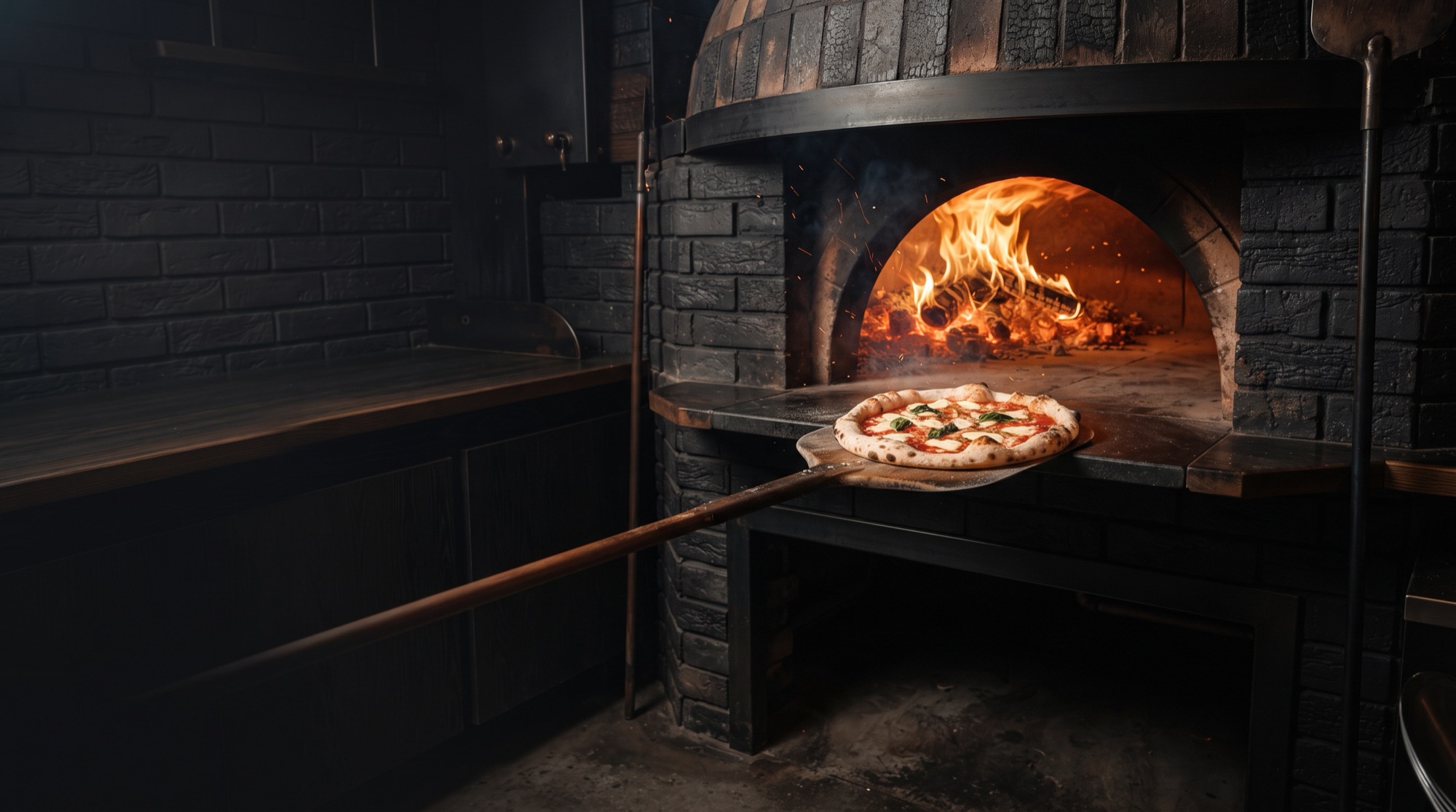 Pizza vychádza z pece na drevo