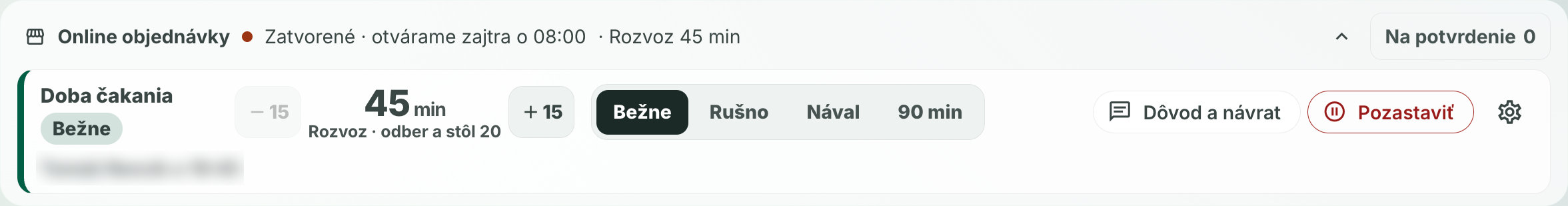 Pás online objednávok v Module: stav prevádzky, doba čakania a prepínač vyťaženia Bežne, Rušno, Nával