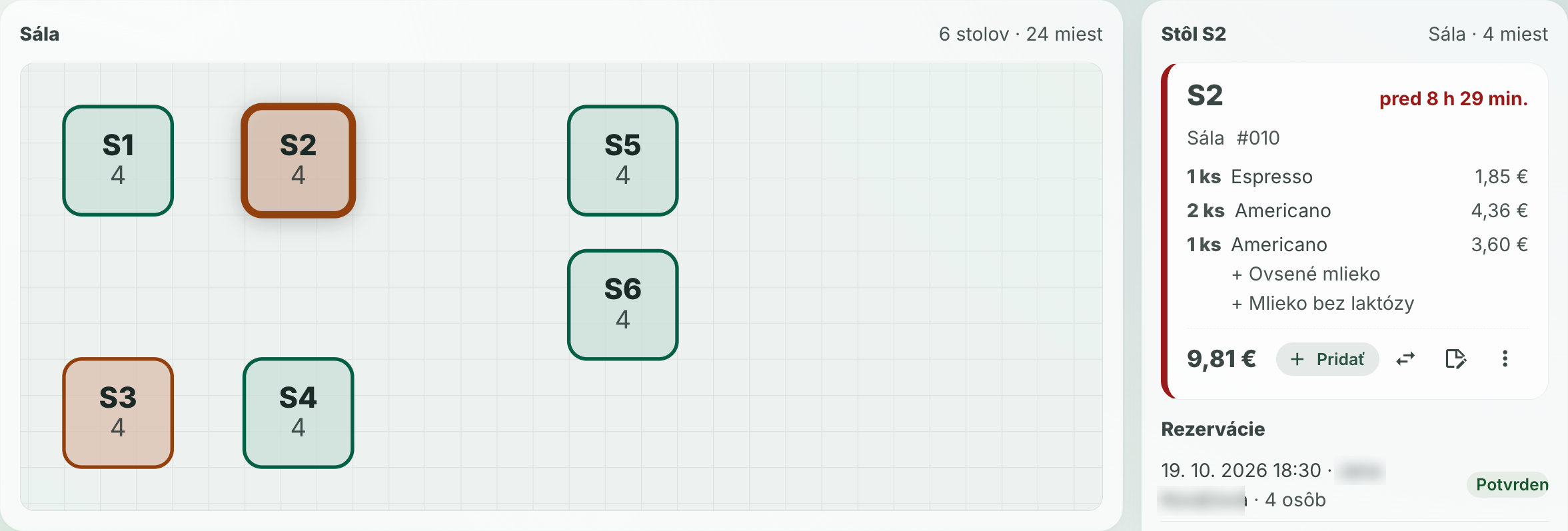 Mapa stolov sály v Module a panel stola S2 s otvoreným účtom a rezerváciou