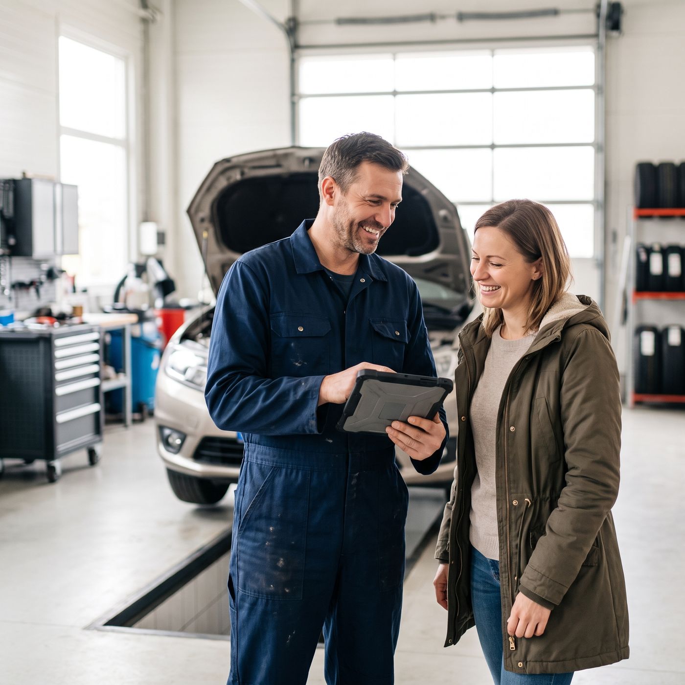 Automechanik s tabletom pri otvorenej kapote, smeje sa so zákazníčkou